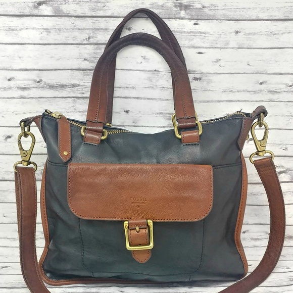 FOSSIL-Black & Brown Pebbled Leather Messenger Bag - Picture 1 of 7